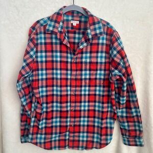 Merona Mens Red Orange Navy‎ Teal Plaid Flannel Button Down Shirt Sz L